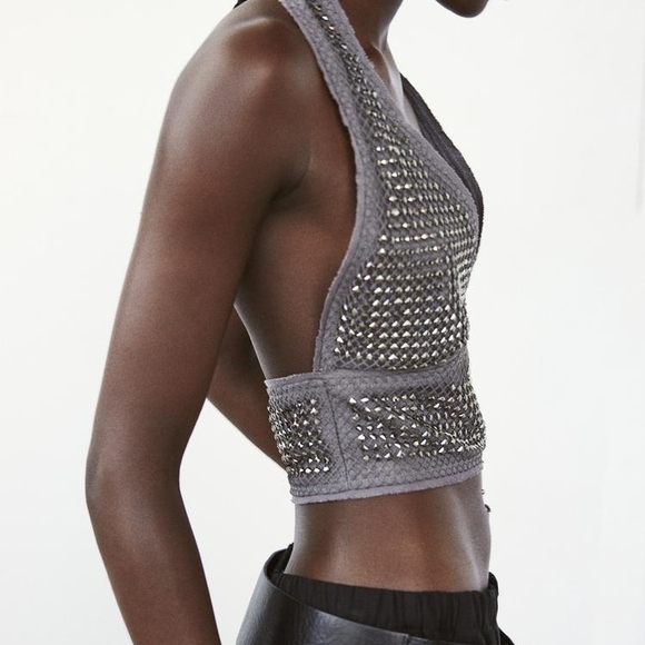 ZARA Studded Chain mail Cropped Halter Top Grey/Gunmetal Size Large - New - Picture 2 of 11